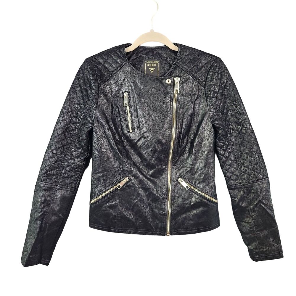 GUESS Black Geonna Faux Suede Vegan Leather Quilted Moto Jacket SIZE XS